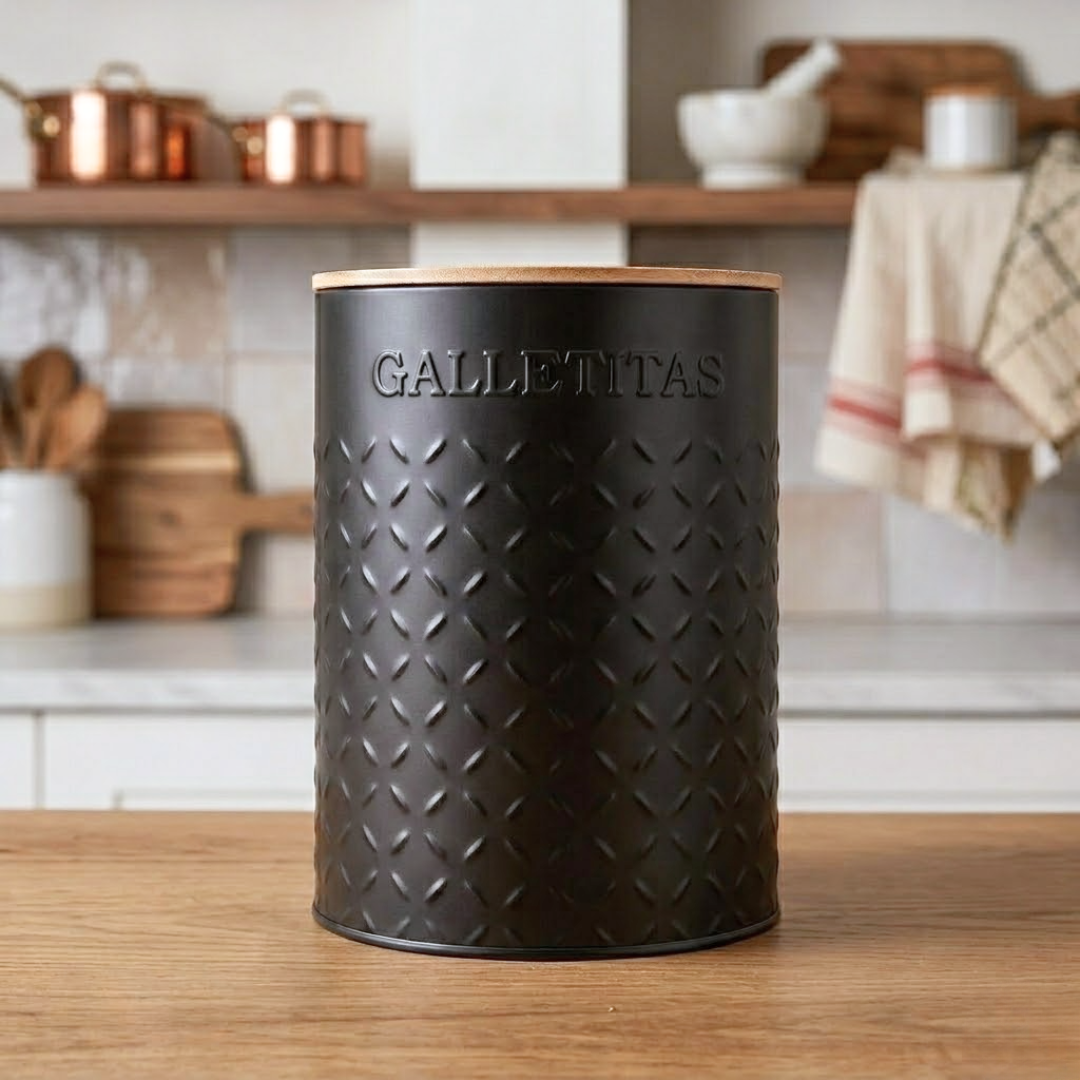 LATA NEGRA CON TAPA BAMBU GALLETITAS