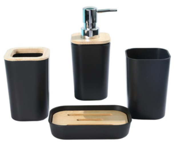 SET X 4 DISPENSER VASO JABONERA Y PORTA CEPILLO DE PLASTICO NEGRO LISO Y BAMBU 300ML
