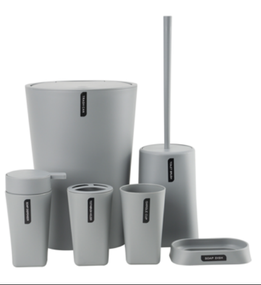 SET X 6 DE BAÑO DISPENSER, PORTA CEPILLO, VASO, JABONERA, CEPILLO DE INODORO Y CESTO DE BASURA COLOR: GRIS
