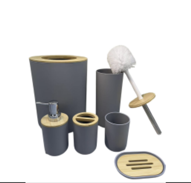 SET X 6 DE BAÑO "AURA" DISPENSER, PORTA CEPILLO, VASO, JABONERA, CEPILLO DE INODORO Y CESTO DE BASURA DE PLASTICO GRIS CON BAMBU