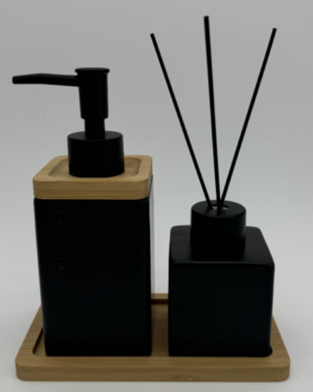 SET X 2 DISPENSER Y DIFUSOR DE CERARAMICA NEGRO CON BANDEJA DE BAMBU 300ML