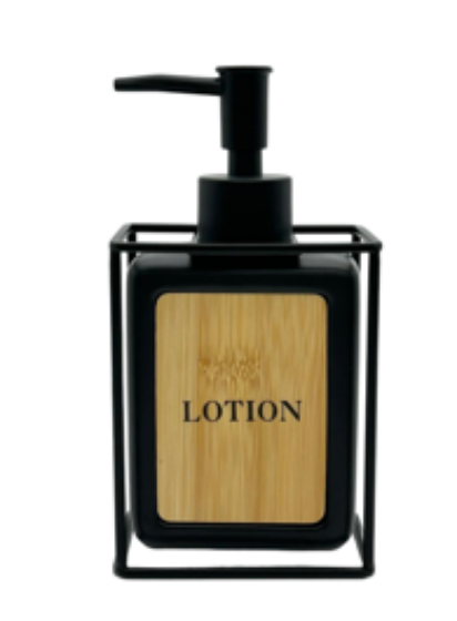 DISPENSER DE CERARAMICA NEGRO CON BAMBU Y SOPORTE DE HIERRO NEGRO 300ML