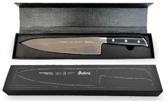 CUCHILLO CHEFF LÍNEA PROFESSIONAL 8" INOX. MANGO CON REMACHES NEGRO CON ESTUCHE (NUEVO)