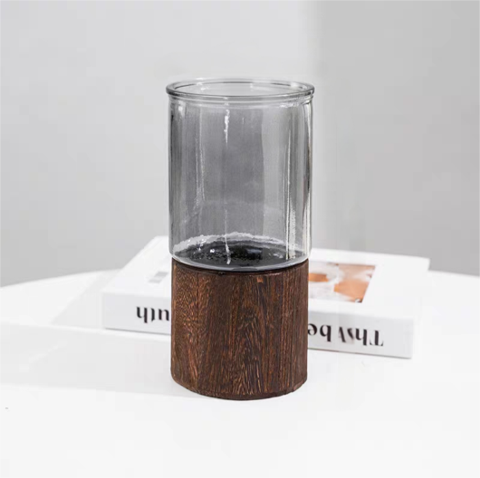 JARRON VIDRIO NEGRO FUME Y MADERA REDONDO TAMAÑO: 10*20CM