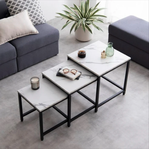 SET X3 DE MESAS RATONAS DE HIERRO Y MADERA SIMIL MARMOL BLANCO TAMAÑOS: 40*40*42CM - 35*35*38CM - 30*30*34CM