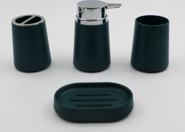 SET X 4 DISPENSER VASO JABONERA Y PORTA CEPILLO DE PLASTICO VERDE MUSGO Y CROMO 300ML