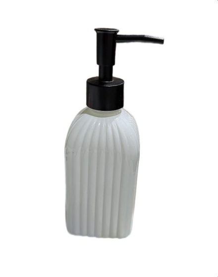 DISPENSER DE VIDRIO BLANCO DISEÑO ACANALADO 400ML TAPA NEGRA