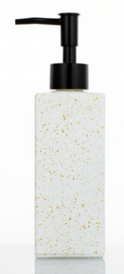 DISPENSER DE VIDRIO BLANCO MATE CON DORADO 300ML TAPA NEGRA