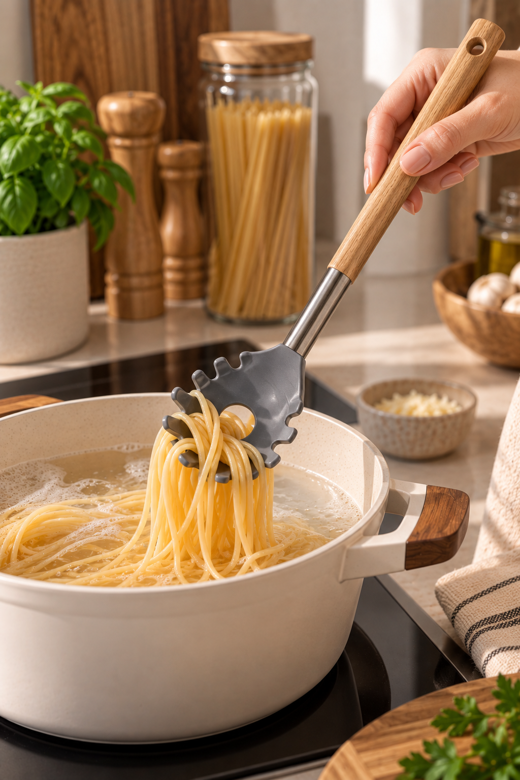 Cuchara Pastas de Nylon, mango de Madera - Gris