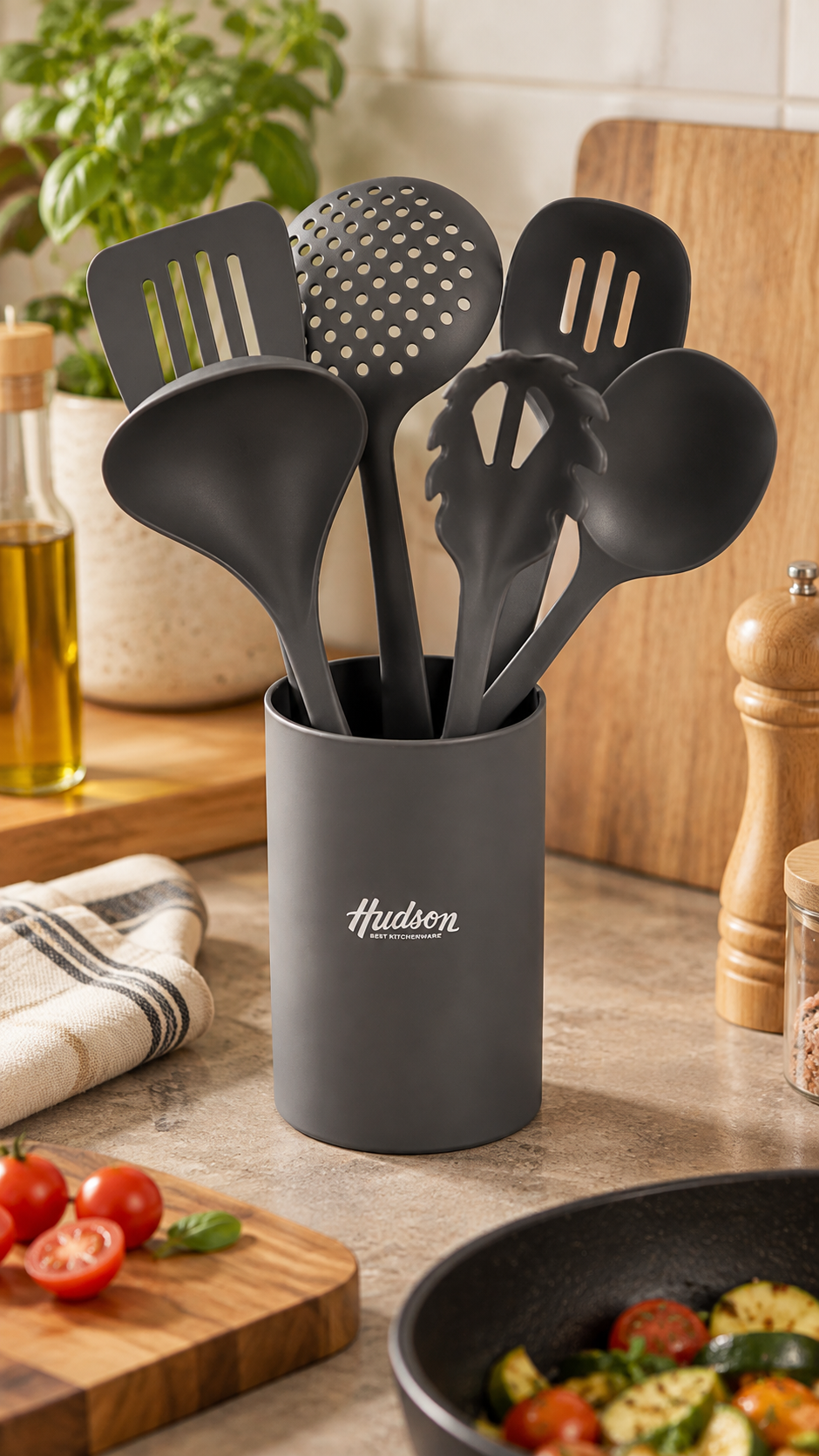 Set 6 Utensilios de Nylon Gris, una pieza. Holder