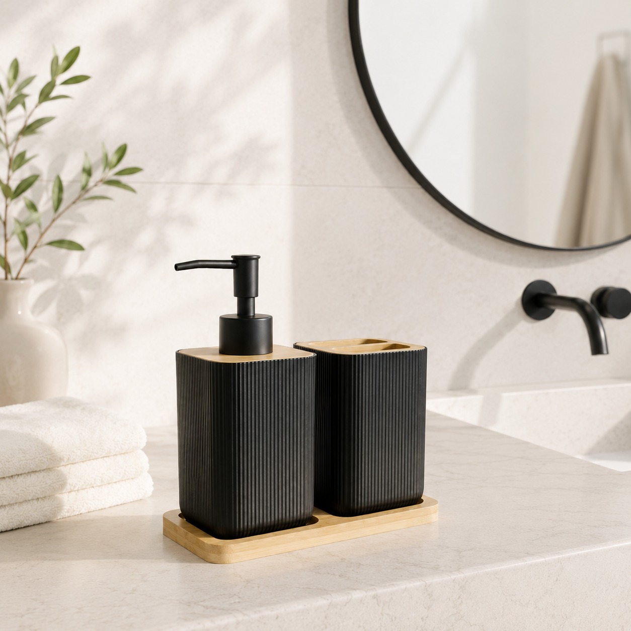 SET DE BAÑO 3 PIEZAS BANDEJA DISPENSER VASO NEGRO/BLANCO RAY- YQ019NE