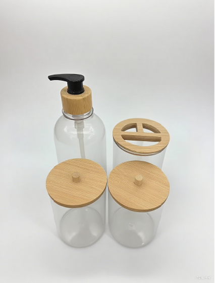 SET X 4 DE ACRILICO Y BAMBU DISPENSER PORTA CEPILLO Y 2 FRANCOS CON TAPA 300ML