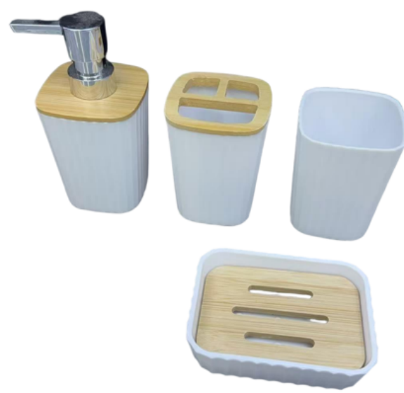 SET X 4 DISPENSER VASO JABONERA Y PORTA CEPILLO DE PLASTICO BLANCO ACANALADO Y BAMBU 300ML