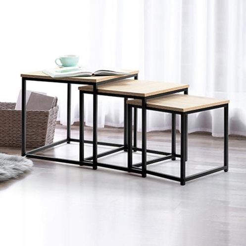 SET X3 DE MESAS RATONAS DE HIERRO Y MADERA CLARA TAMAÑOS: 40*40*42CM - 35*35*38CM - 30*30*34CM