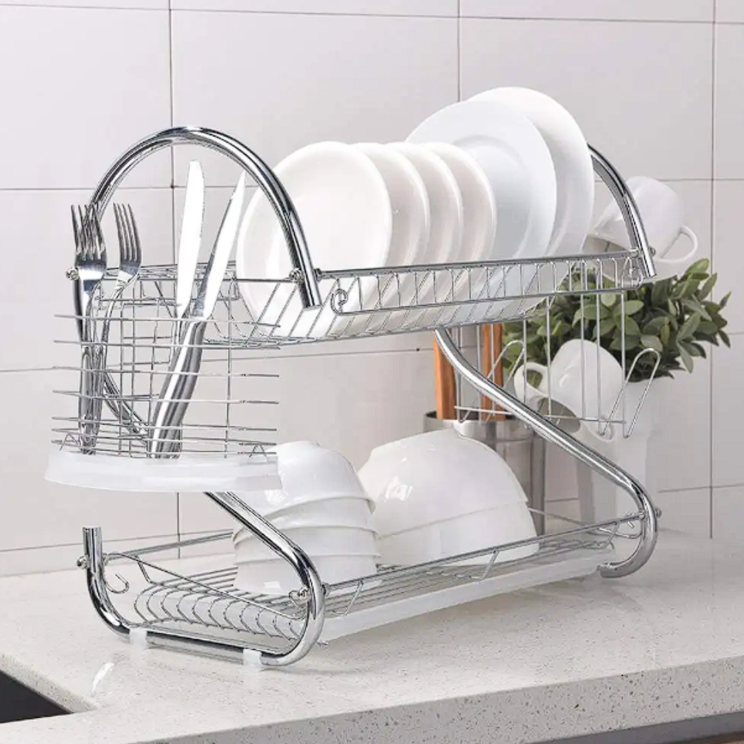 SECA PLATOS DOS PISOS 38 CM X 23.5 CM X 39 CM METAL CROMADO CON BANDEJA DE PLASTICO