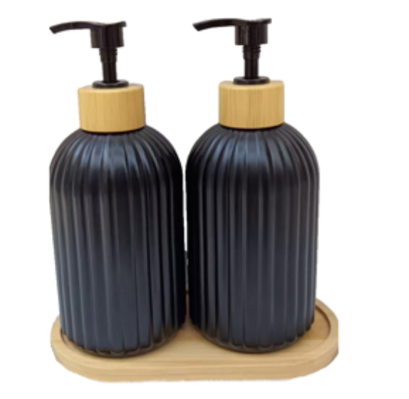 SET DISPENSER DUO DE VIDRIO NEGRO CON BANDEJA DE BAMBU 300ML