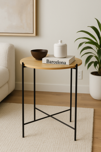 MESA AUXILIAR DESMONTABLE DE HIERRO NEGRA Y MADERA CLARA TAMAÑO: 50*40CM